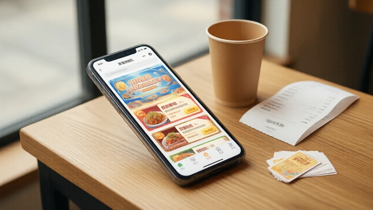 A diner's smartphone at a restaurant table showing colorful loyalty and rewards app cards, next to a coffee cup and a receipt under warm light